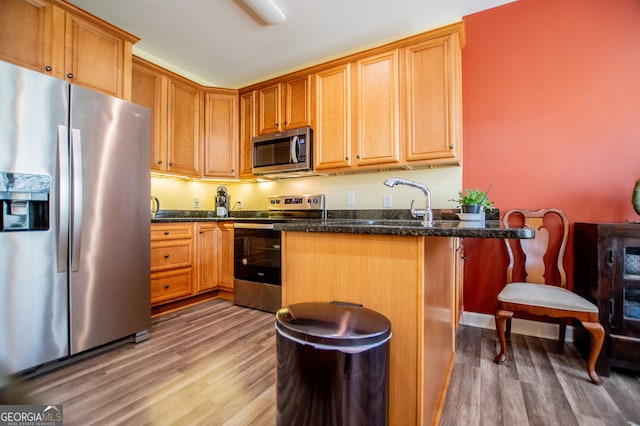 207 Meadow Lake Dr, Carrollton, GA 30116 - kitchen with stainless steel appliances, light wood finished floors, and dark stone counters