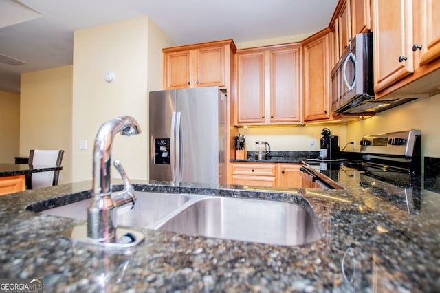 207 Meadow Lake Dr, Carrollton, GA 30116 - kitchen with appliances with stainless steel finishes, dark stone counters, and a sink