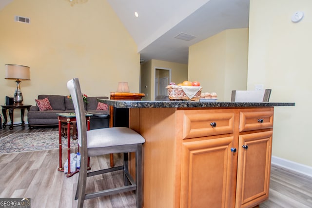 207 Meadow Lake Dr, Carrollton, GA 30116 - kitchen featuring light wood-style flooring, a kitchen breakfast bar, dark stone countertops, baseboards, and open floor plan