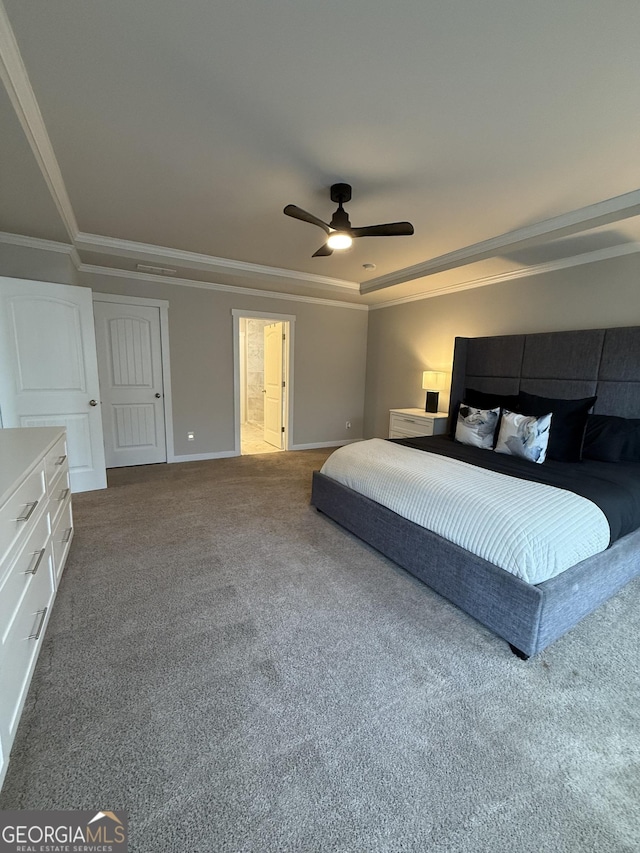 2470 Wevok Way, Grayson, GA 30017 - bedroom with crown molding, baseboards, a ceiling fan, and dark carpet