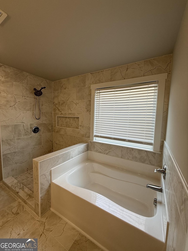 2470 Wevok Way, Grayson, GA 30017 - bathroom with marble finish floor, a bath, and tiled shower