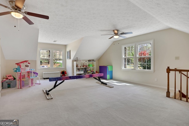 1135 Parkview Way, Lilburn, GA 30047 - rec room featuring carpet, a ceiling fan, lofted ceiling, and a healthy amount of sunlight