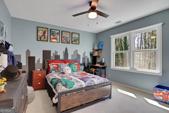 1135 Parkview Way, Lilburn, GA 30047 - bedroom featuring light colored carpet, visible vents, and ceiling fan