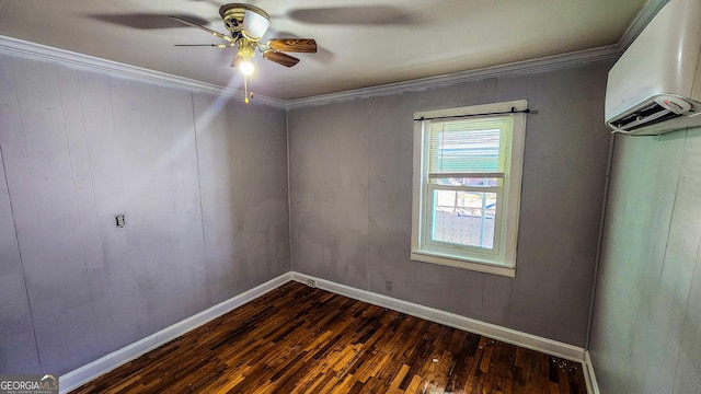 438 Wilkerson Rd SW, Rome, GA 30165 - spare room featuring an AC wall unit, a ceiling fan, dark wood-type flooring, ornamental molding, and baseboards