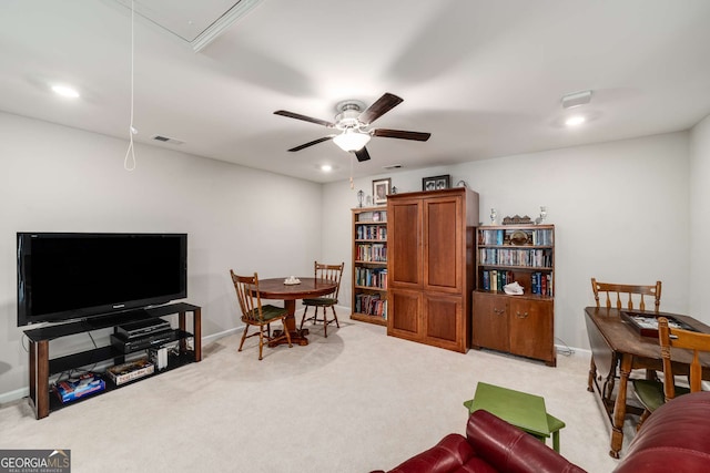 2910 Bishopstone Way, Cumming, GA 30040 - living area with baseboards, light carpet, recessed lighting, attic access, and a ceiling fan