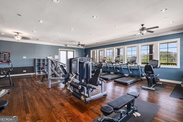 2910 Bishopstone Way, Cumming, GA 30040 - gym with crown molding, ceiling fan, baseboards, and recessed lighting