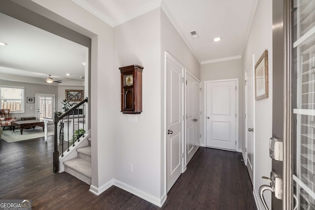 2910 Bishopstone Way, Cumming, GA 30040 - hallway with visible vents, baseboards, dark wood finished floors, stairway, and recessed lighting