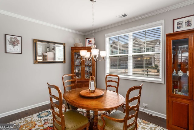 2910 Bishopstone Way, Cumming, GA 30040 - dining area with visible vents, baseboards, a notable chandelier, and dark wood-style floors