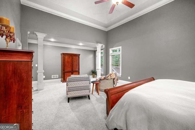 1521 Waterside Ct, Jefferson, GA 30549 - carpeted bedroom featuring ornamental molding, decorative columns, baseboards, recessed lighting, and a ceiling fan
