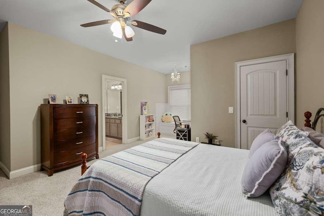 1521 Waterside Ct, Jefferson, GA 30549 - bedroom with light colored carpet, a chandelier, baseboards, ceiling fan, and ensuite bath