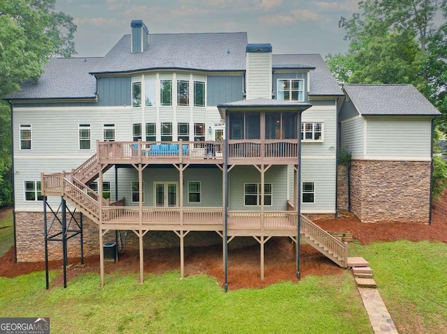 1521 Waterside Ct, Jefferson, GA 30549 - rear view of property with stairway, a chimney, a sunroom, and a wooden deck