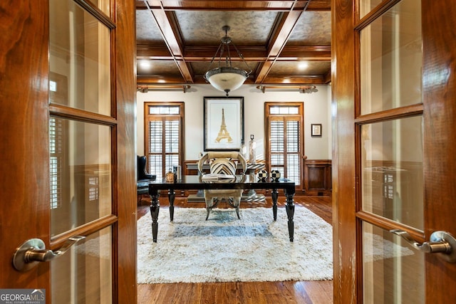150 Inwood Ter, Roswell, GA 30075 - home office featuring beam ceiling, wainscoting, wood finished floors, french doors, and coffered ceiling