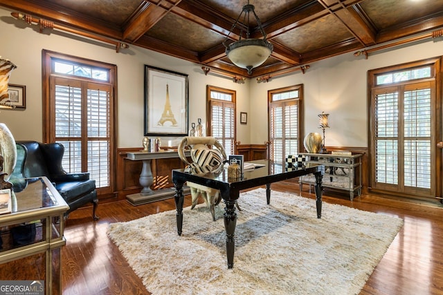 150 Inwood Ter, Roswell, GA 30075 - office area featuring a healthy amount of sunlight, dark wood-style flooring, ornamental molding, and a wainscoted wall