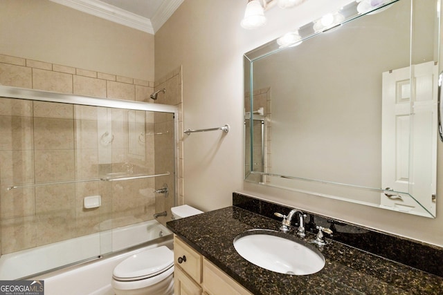 150 Inwood Ter, Roswell, GA 30075 - full bathroom featuring combined bath / shower with glass door, vanity, crown molding, and toilet
