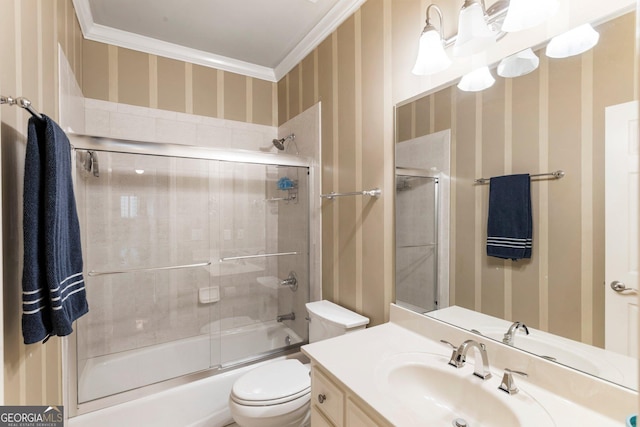 150 Inwood Ter, Roswell, GA 30075 - bathroom with crown molding, vanity, toilet, combined bath / shower with glass door, and wallpapered walls
