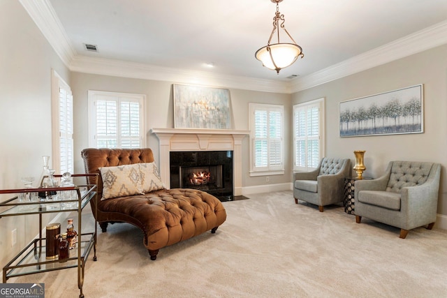 150 Inwood Ter, Roswell, GA 30075 - sitting room featuring a tiled fireplace, ornamental molding, plenty of natural light, and carpet