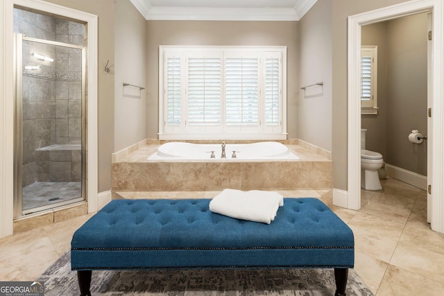 150 Inwood Ter, Roswell, GA 30075 - bathroom with a shower stall, a bath, ornamental molding, toilet, and baseboards