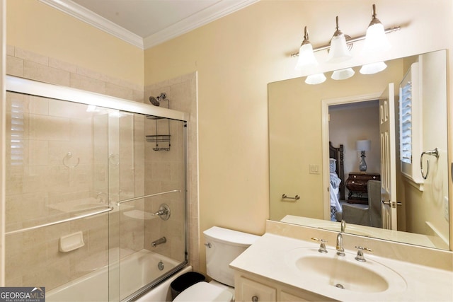150 Inwood Ter, Roswell, GA 30075 - bathroom with crown molding, ensuite bathroom, vanity, toilet, and bath / shower combo with glass door