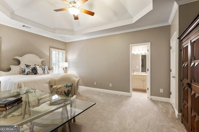 150 Inwood Ter, Roswell, GA 30075 - bedroom featuring crown molding, ensuite bathroom, visible vents, light carpet, and a raised ceiling