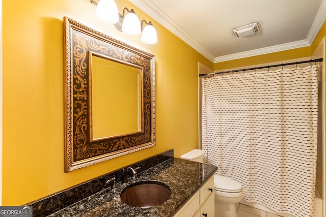 150 Inwood Ter, Roswell, GA 30075 - bathroom featuring vanity, shower / bath combination with curtain, crown molding, toilet, and visible vents