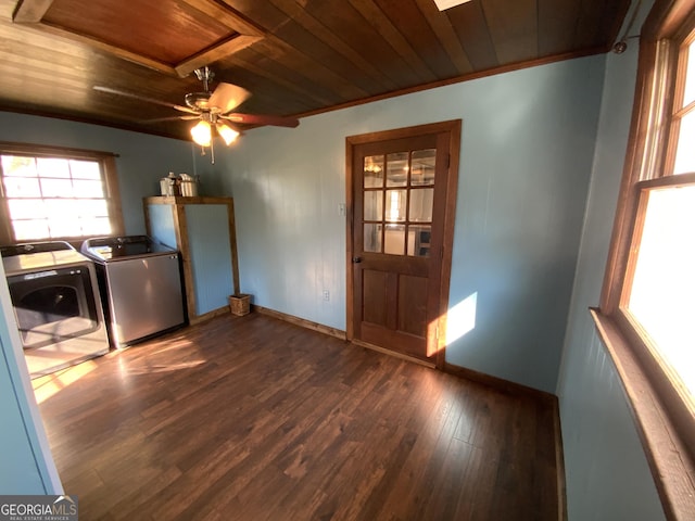2790 Old Farmington Rd, Watkinsville, GA 30677 - washroom with washer and clothes dryer, wooden ceiling, dark wood finished floors, and a ceiling fan