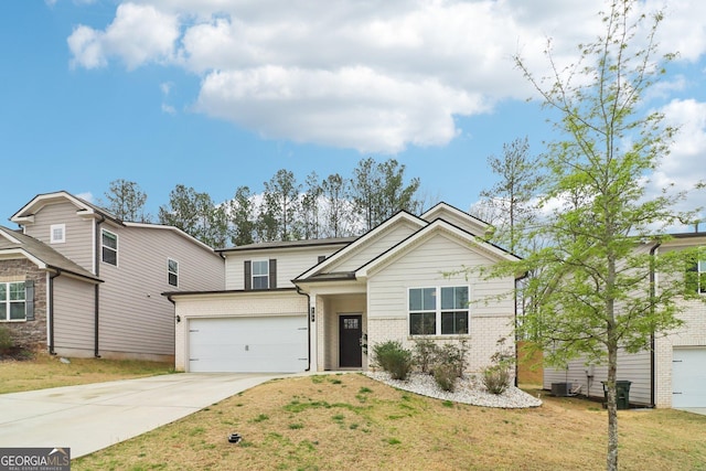 137 Park Chase Ln, Dallas, GA 30132 - view of front facade with central air condition unit, a garage, a front yard, brick siding, and driveway