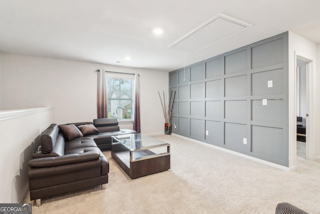 137 Park Chase Ln, Dallas, GA 30132 - carpeted living area featuring a decorative wall, baseboards, attic access, and recessed lighting