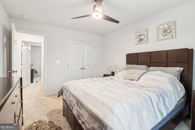 137 Park Chase Ln, Dallas, GA 30132 - bedroom with a ceiling fan, baseboards, a closet, and light colored carpet
