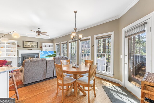404 Golden Delicious Rd, Clarkesville, GA 30523 - dining room with light wood-type flooring, a healthy amount of sunlight, ornamental molding, and ceiling fan with notable chandelier