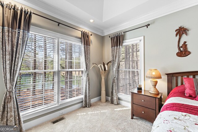 404 Golden Delicious Rd, Clarkesville, GA 30523 - bedroom featuring baseboards, visible vents, recessed lighting, carpet floors, and ornamental molding