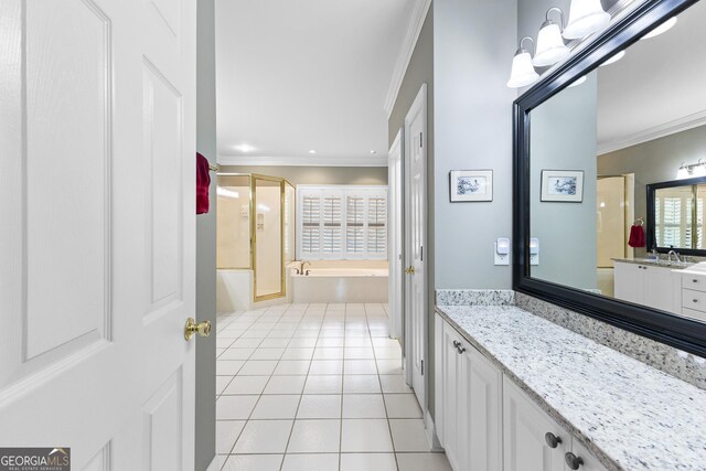 404 Golden Delicious Rd, Clarkesville, GA 30523 - bathroom with crown molding, a shower with shower door, tile patterned floors, and a bathing tub