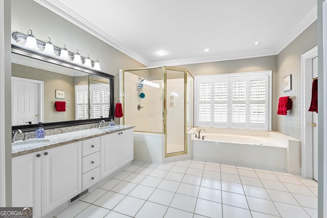 404 Golden Delicious Rd, Clarkesville, GA 30523 - bathroom featuring a garden tub, a sink, double vanity, and a stall shower