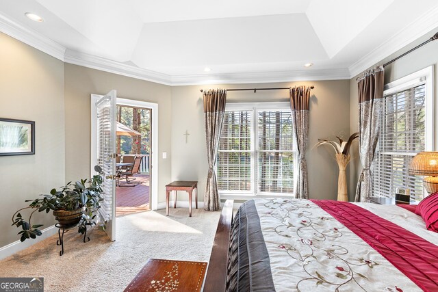404 Golden Delicious Rd, Clarkesville, GA 30523 - carpeted bedroom featuring access to exterior, ornamental molding, baseboards, and multiple windows