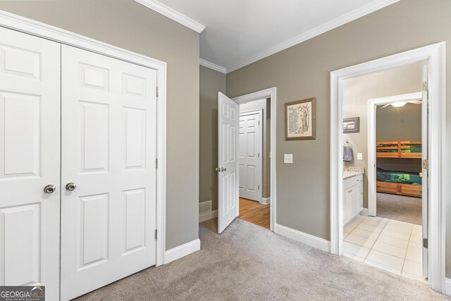 404 Golden Delicious Rd, Clarkesville, GA 30523 - unfurnished bedroom featuring baseboards, light colored carpet, and ornamental molding