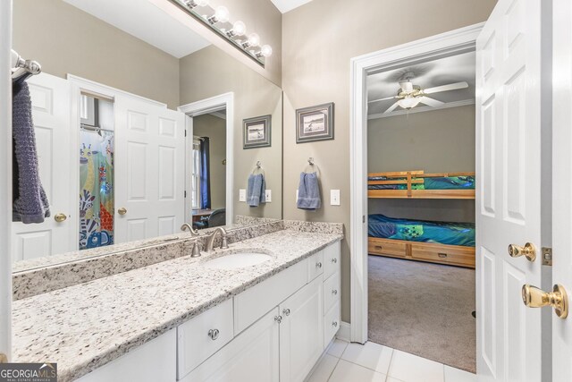 404 Golden Delicious Rd, Clarkesville, GA 30523 - full bath featuring ensuite bathroom, vanity, tile patterned flooring, and ceiling fan