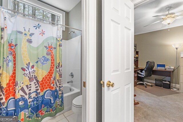 404 Golden Delicious Rd, Clarkesville, GA 30523 - bathroom with shower / bath combo with shower curtain, toilet, and ceiling fan