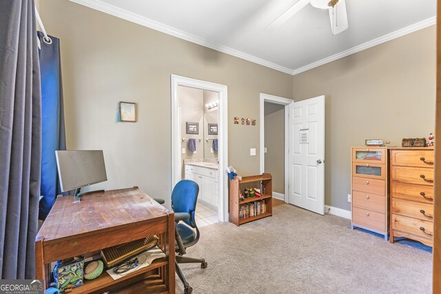 404 Golden Delicious Rd, Clarkesville, GA 30523 - office area featuring light carpet, a ceiling fan, baseboards, and crown molding
