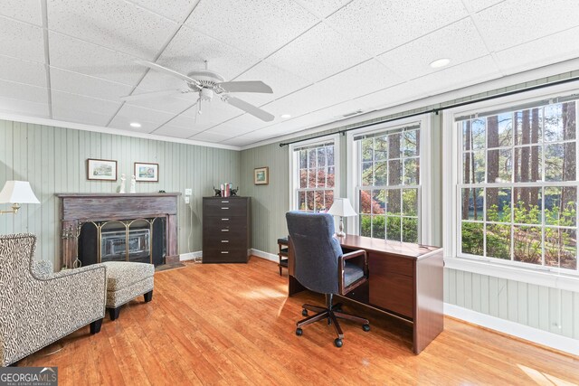 404 Golden Delicious Rd, Clarkesville, GA 30523 - office with a ceiling fan, wood finished floors, a fireplace with flush hearth, baseboards, and recessed lighting