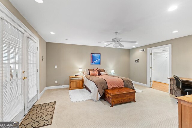 404 Golden Delicious Rd, Clarkesville, GA 30523 - bedroom featuring light colored carpet, ceiling fan, baseboards, and recessed lighting
