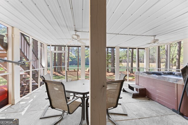 404 Golden Delicious Rd, Clarkesville, GA 30523 - sunroom / solarium featuring outdoor dining area, a hot tub, and a ceiling fan