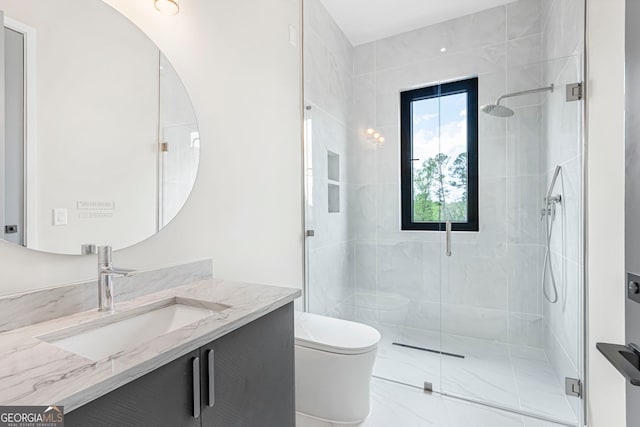 bathroom featuring vanity, a shower stall, and toilet