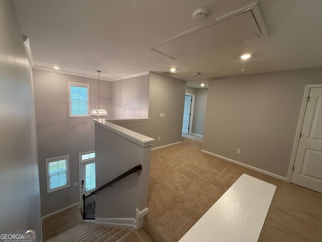 2460 Laurel Gate Ln, Cumming, GA 30040 - interior space featuring an upstairs landing, baseboards, attic access, recessed lighting, and light carpet