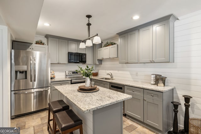 3772 Paces Ferry W SE, Atlanta, GA 30339 - kitchen with stainless steel appliances, gray cabinets, a sink, light stone finish flooring, and recessed lighting