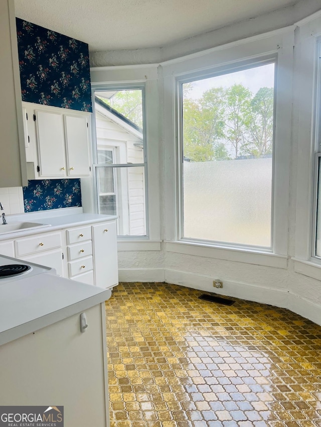 kitchen with white cabinets, a sink, light countertops, and plenty of natural light