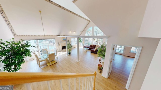 living area featuring a wealth of natural light, wood finished floors, and high vaulted ceiling