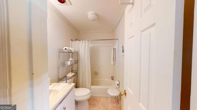 bathroom with tile patterned floors, shower / bath combo, ornamental molding, toilet, and vanity