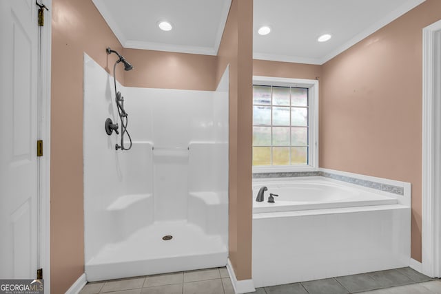 117 Foothills Dr, Cleveland, GA 30528 - bathroom featuring tile patterned floors, a shower, baseboards, a garden tub, and ornamental molding