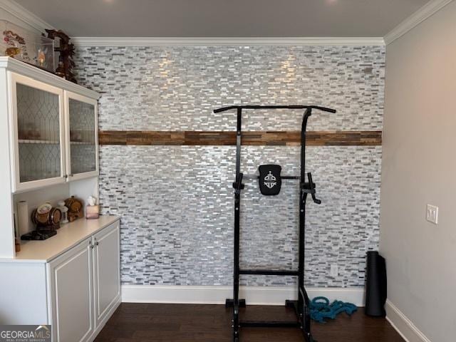 5530 Lacebark Pine Ct, Cumming, GA 30040 - workout room featuring ornamental molding and dark wood-style flooring