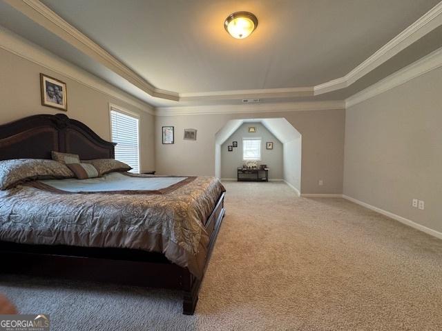 5530 Lacebark Pine Ct, Cumming, GA 30040 - carpeted bedroom with a tray ceiling, multiple windows, and ornamental molding
