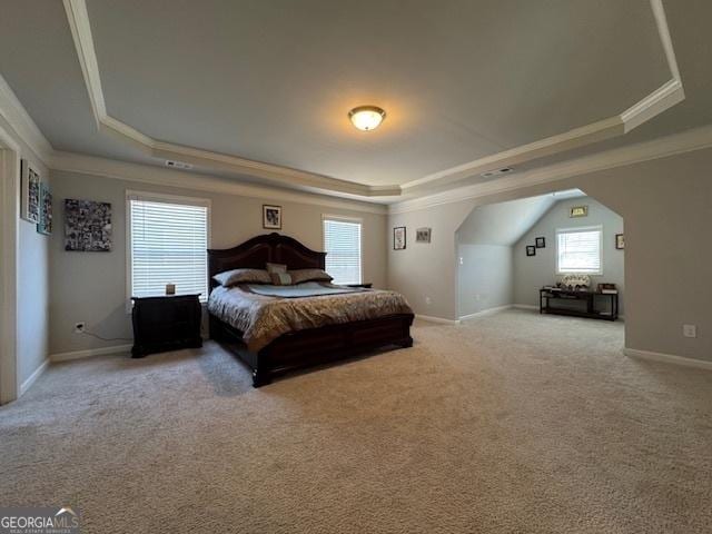 5530 Lacebark Pine Ct, Cumming, GA 30040 - bedroom featuring a tray ceiling, crown molding, and light colored carpet